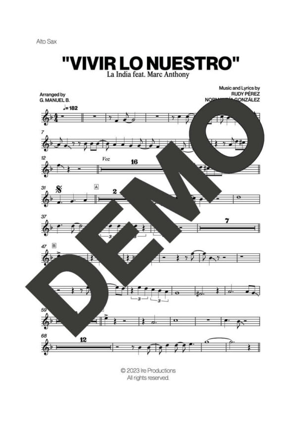 Marc Anthony – Vivir Lo Nuestro (feat. La India) – First Page of Sheet Music Preview (PDF) – Includes charts for Trumpets, Trombones, Saxophone, Piano and Bass