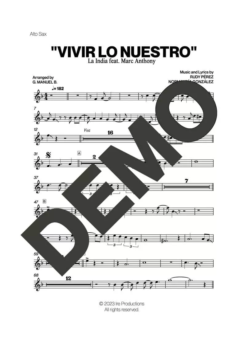 Marc Anthony – Vivir Lo Nuestro (feat. La India) – First Page of Sheet Music Preview (PDF) – Includes charts for Trumpets, Trombones, Saxophone, Piano and Bass