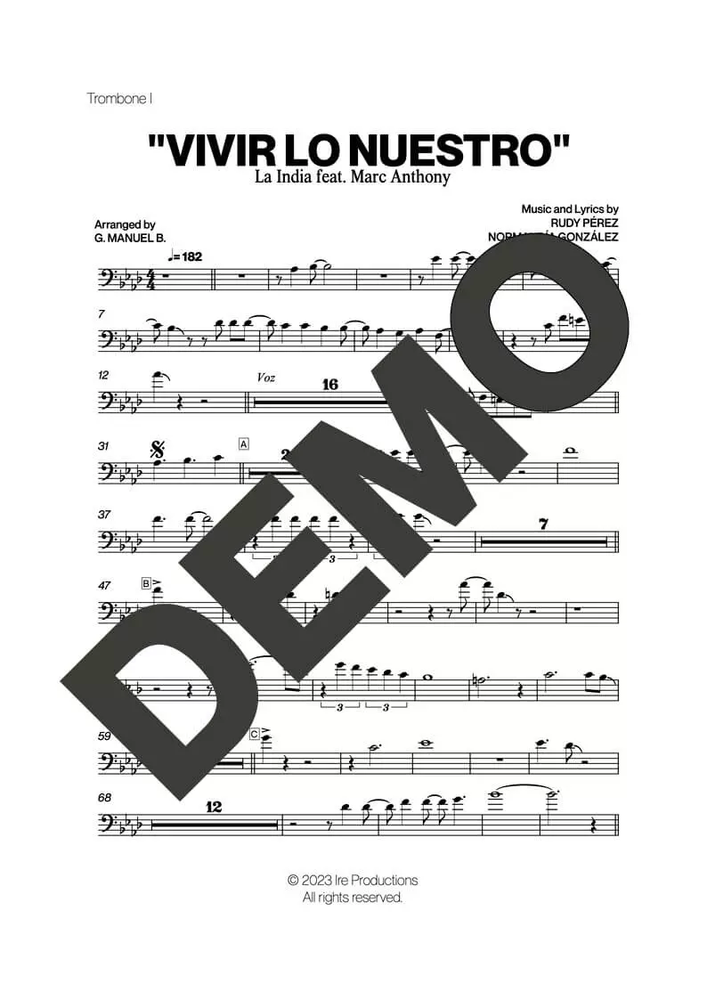 Marc Anthony – Vivir Lo Nuestro (feat. La India) – Sheet Music Demo Page 2 (PDF) – Includes charts for Trumpets, Trombones, Saxophone, Piano and Bass