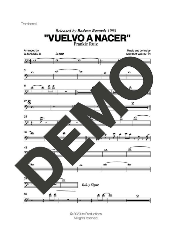 Frankie Ruiz – Vuelvo a Nacer – Sheet Music Demo Page 1 (PDF) – Includes charts for Trumpets, Trombones, Saxophone, Piano and Bass