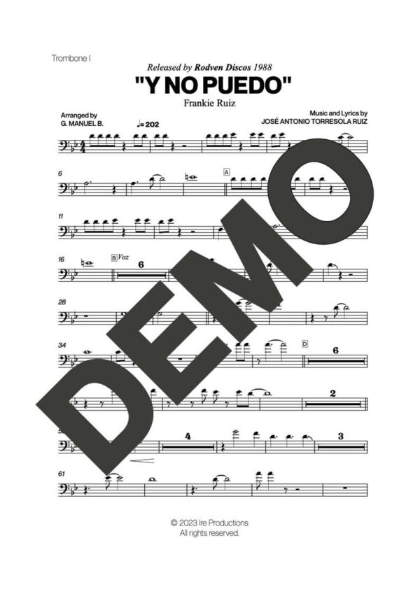 Frankie Ruiz – Y No Puedo – Sheet Music Demo Page 1 (PDF) – Includes charts for Trumpets, Trombones, Saxophone, Piano and Bass