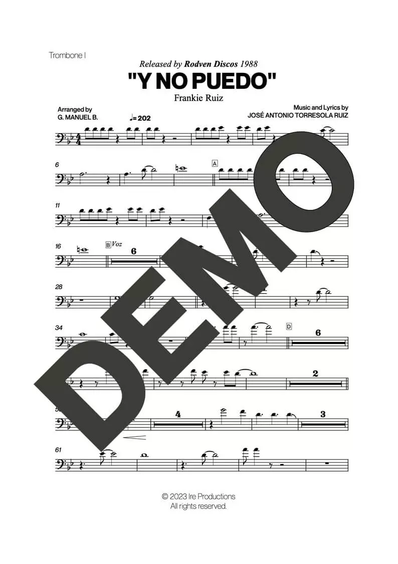 Frankie Ruiz – Y No Puedo – Sheet Music Demo Page 1 (PDF) – Includes charts for Trumpets, Trombones, Saxophone, Piano and Bass
