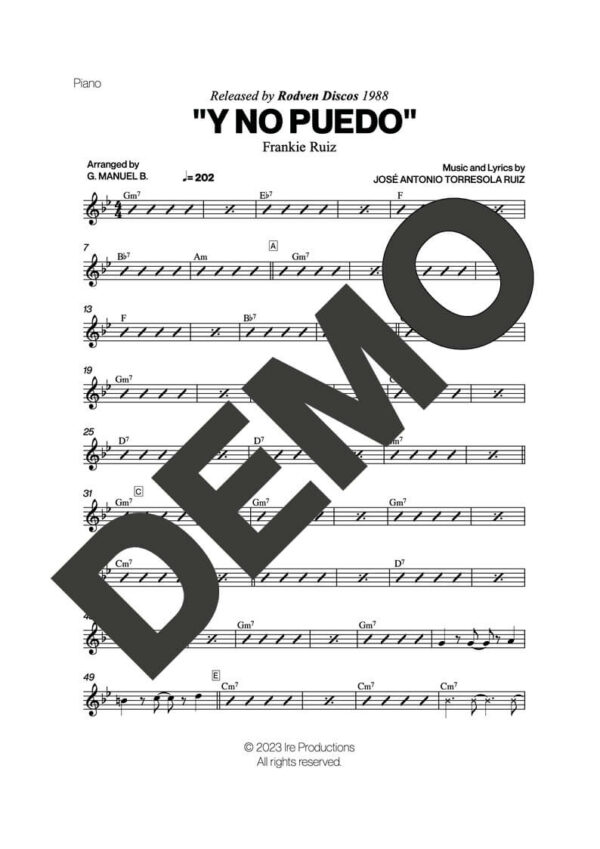 Frankie Ruiz – Y No Puedo – Sheet Music Demo Page 2 (PDF) – Includes charts for Trumpets, Trombones, Saxophone, Piano and Bass