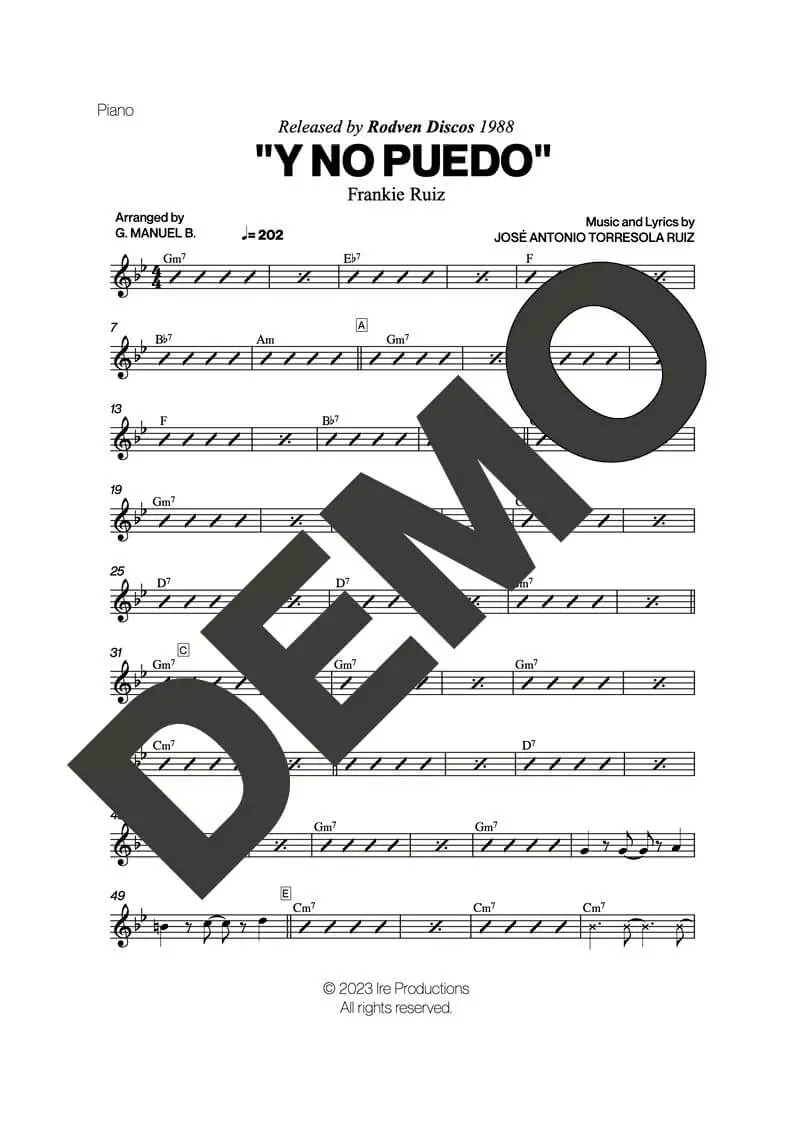 Frankie Ruiz – Y No Puedo – Sheet Music Demo Page 2 (PDF) – Includes charts for Trumpets, Trombones, Saxophone, Piano and Bass