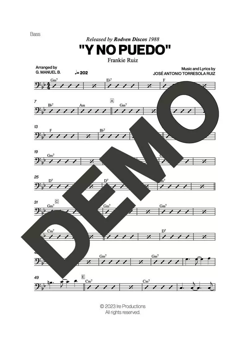 Frankie Ruiz – Y No Puedo – Sheet Music Demo Page 3 (PDF) – Includes charts for Trumpets, Trombones, Saxophone, Piano and Bass