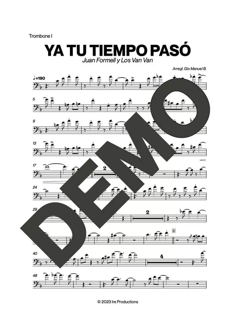 Los Van Van|Mandy Cantero – Ya Tu Tiempo Pasó – Sheet Music Demo Page 1 (PDF) – Includes charts for Trumpets, Trombones, Saxophone, Piano and Bass