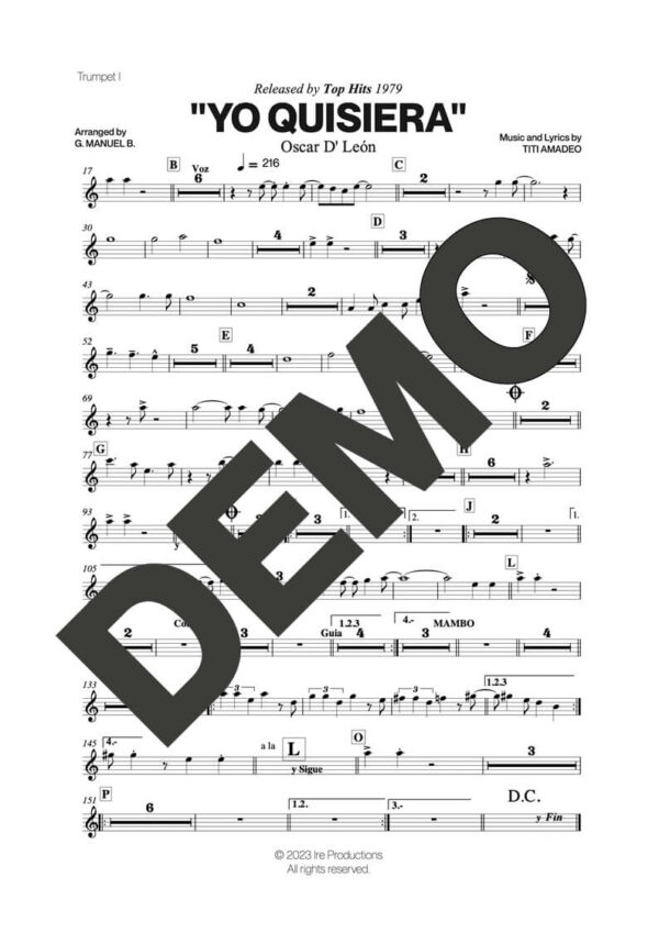 Oscar D' León – Yo Quisiera – First Page of Sheet Music Preview (PDF) – Includes charts for Trumpets, Trombones, Saxophone, Piano and Bass