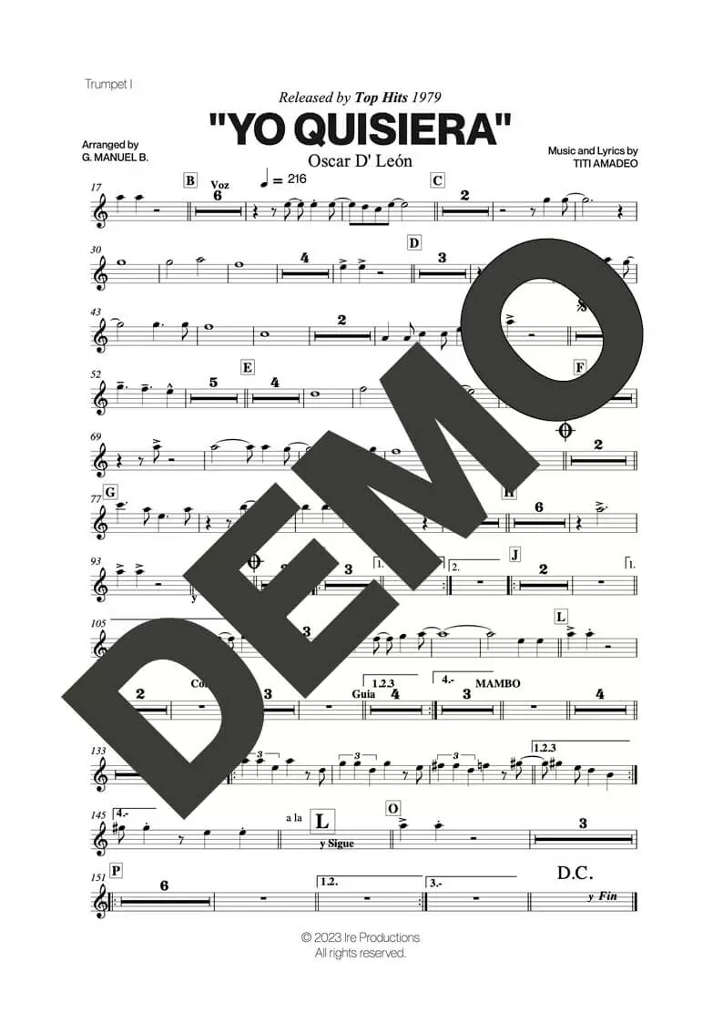 Oscar D' León – Yo Quisiera – First Page of Sheet Music Preview (PDF) – Includes charts for Trumpets, Trombones, Saxophone, Piano and Bass