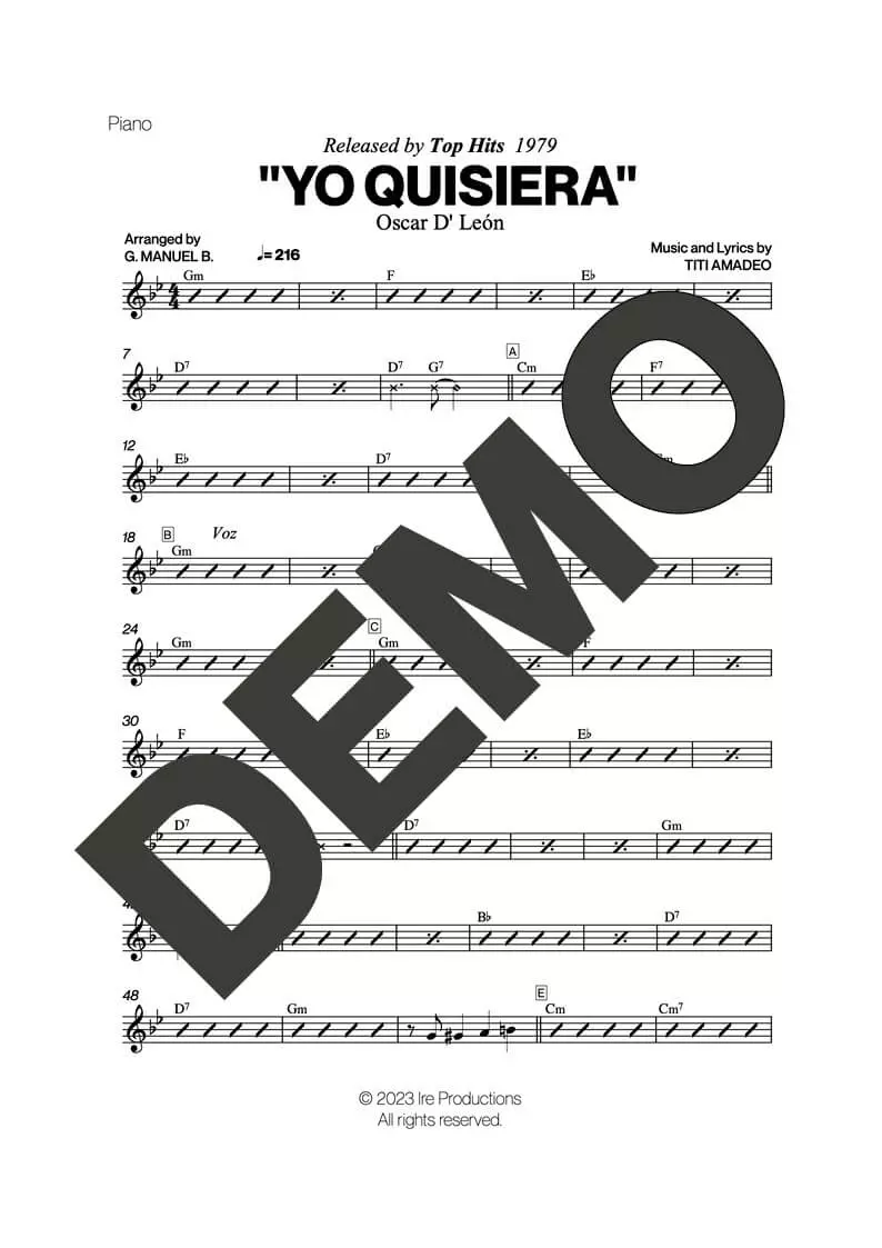 Oscar D' León – Yo Quisiera – Sheet Music Demo Page 2 (PDF) – Includes charts for Trumpets, Trombones, Saxophone, Piano and Bass