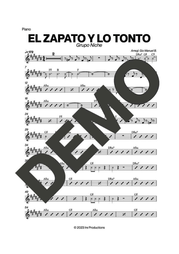 Grupo Niche – El Zapato y Lo Tonto – Sheet Music Demo Page 2 (PDF) – Includes charts for Trumpets, Trombones, Saxophone, Piano and Bass