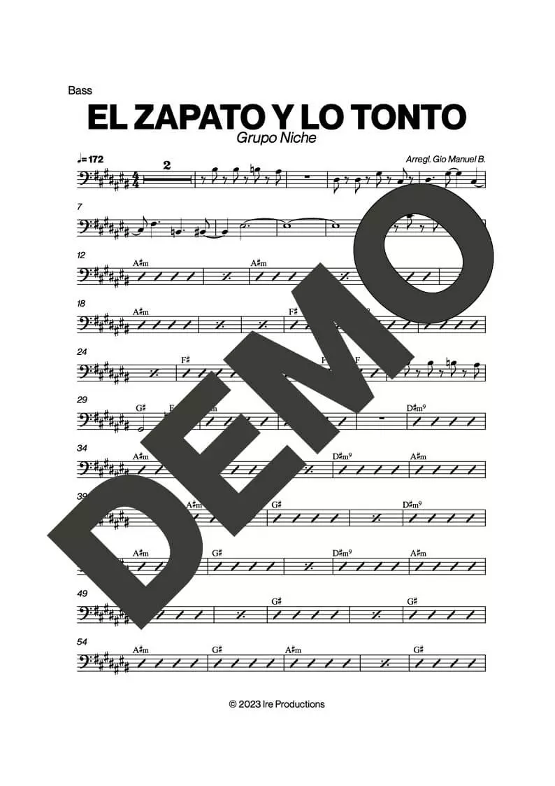 Grupo Niche – El Zapato y Lo Tonto – Sheet Music Demo Page 3 (PDF) – Includes charts for Trumpets, Trombones, Saxophone, Piano and Bass