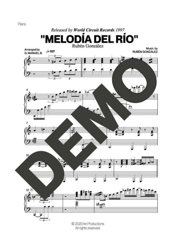 Rubén González – Melodía del Río – First Page of Sheet Music Preview (PDF) – Includes charts for Trumpets, Trombones, Saxophone, Piano and Bass