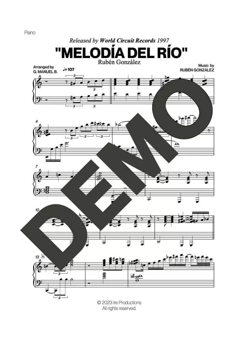 Rubén González – Melodía del Río – First Page of Sheet Music Preview (PDF) – Includes charts for Trumpets, Trombones, Saxophone, Piano and Bass