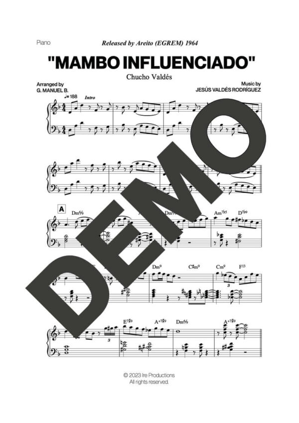 Chucho Valdés – Mambo Influenciado – First Page of Sheet Music Preview (PDF) – Includes charts for Trumpets, Trombones, Saxophone, Piano and Bass