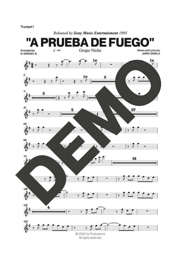 Grupo Niche – A Prueba de Fuego – First Page of Sheet Music Preview (PDF) – Includes charts for Trumpets, Trombones, Saxophone, Piano and Bass