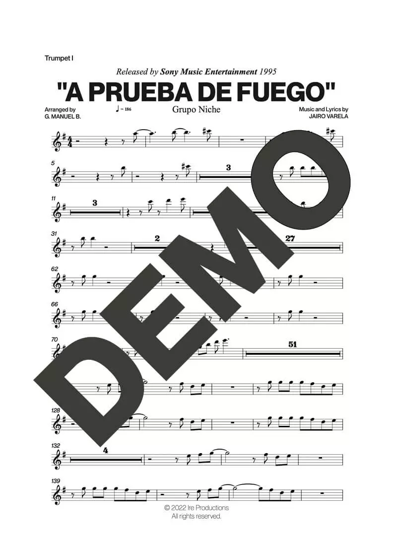 Grupo Niche – A Prueba de Fuego – First Page of Sheet Music Preview (PDF) – Includes charts for Trumpets, Trombones, Saxophone, Piano and Bass