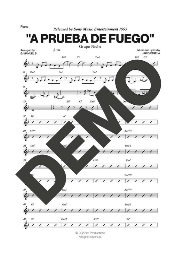 Grupo Niche – A Prueba de Fuego – Sheet Music Demo Page 2 (PDF) – Includes charts for Trumpets, Trombones, Saxophone, Piano and Bass