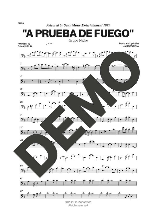 Grupo Niche – A Prueba de Fuego – Sheet Music Demo Page 3 (PDF) – Includes charts for Trumpets, Trombones, Saxophone, Piano and Bass