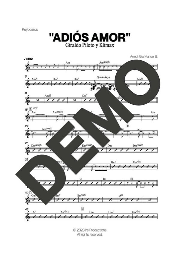 Klimax – Adiós Amor – Sheet Music Demo Page 4 (PDF) – Includes charts for Trumpets, Trombones, Saxophone, Piano and Bass