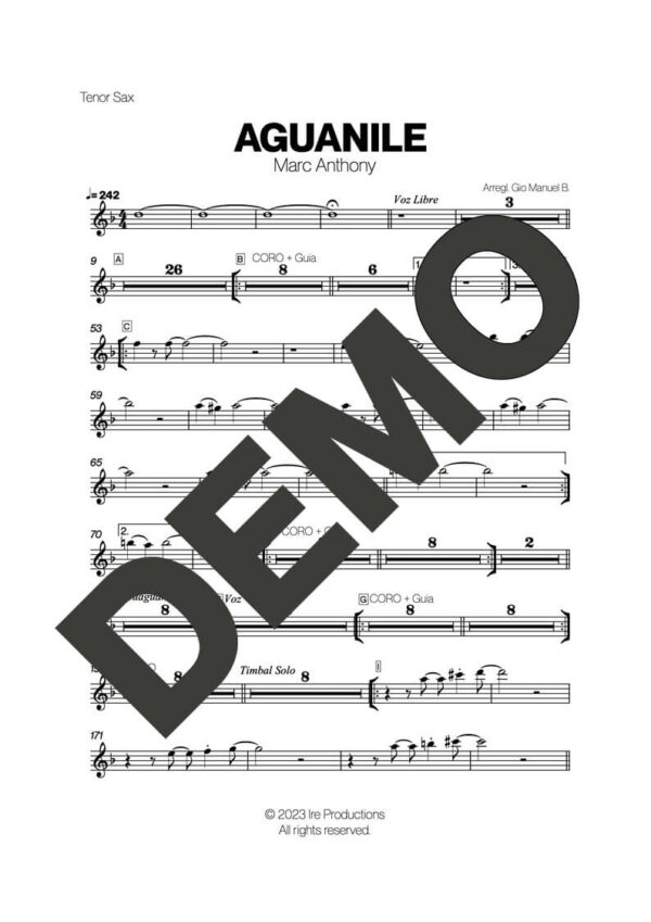 Marc Anthony – Aguanile – Sheet Music Demo Page 1 (PDF) – Includes charts for Trumpets, Trombones, Saxophone, Piano and Bass