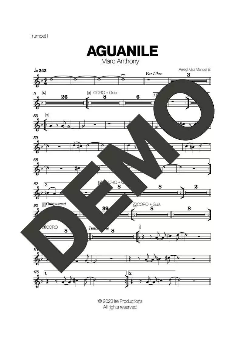 Marc Anthony – Aguanile – Sheet Music Demo Page 2 (PDF) – Includes charts for Trumpets, Trombones, Saxophone, Piano and Bass