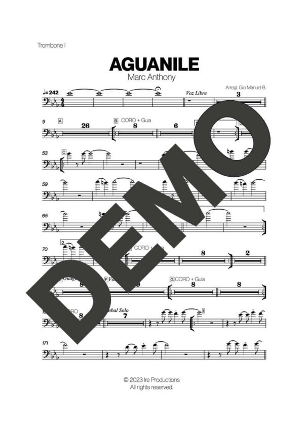 Marc Anthony – Aguanile – Sheet Music Demo Page 3 (PDF) – Includes charts for Trumpets, Trombones, Saxophone, Piano and Bass