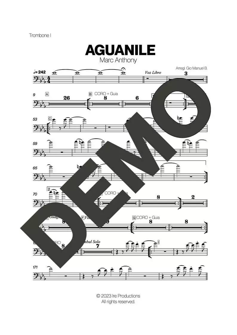 Marc Anthony – Aguanile – Sheet Music Demo Page 3 (PDF) – Includes charts for Trumpets, Trombones, Saxophone, Piano and Bass