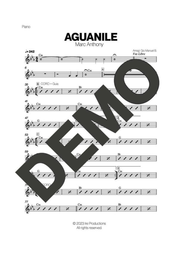 Marc Anthony – Aguanile – Sheet Music Demo Page 4 (PDF) – Includes charts for Trumpets, Trombones, Saxophone, Piano and Bass