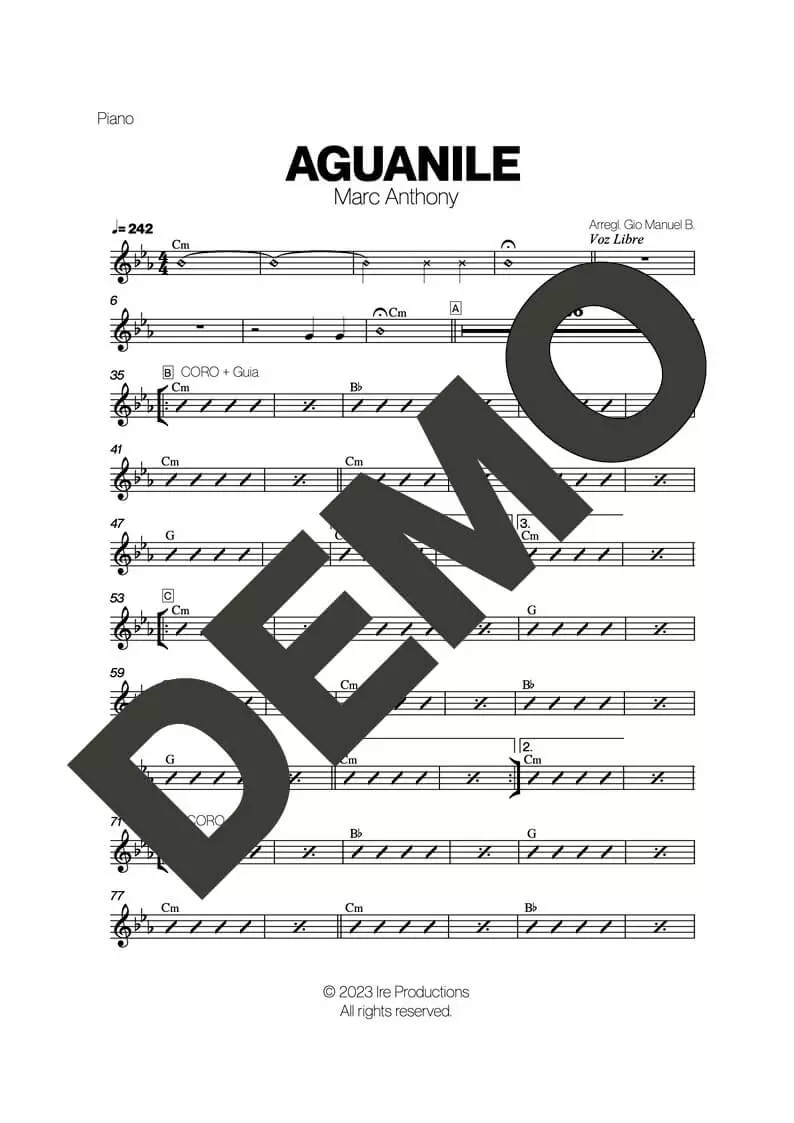 Marc Anthony – Aguanile – Sheet Music Demo Page 4 (PDF) – Includes charts for Trumpets, Trombones, Saxophone, Piano and Bass