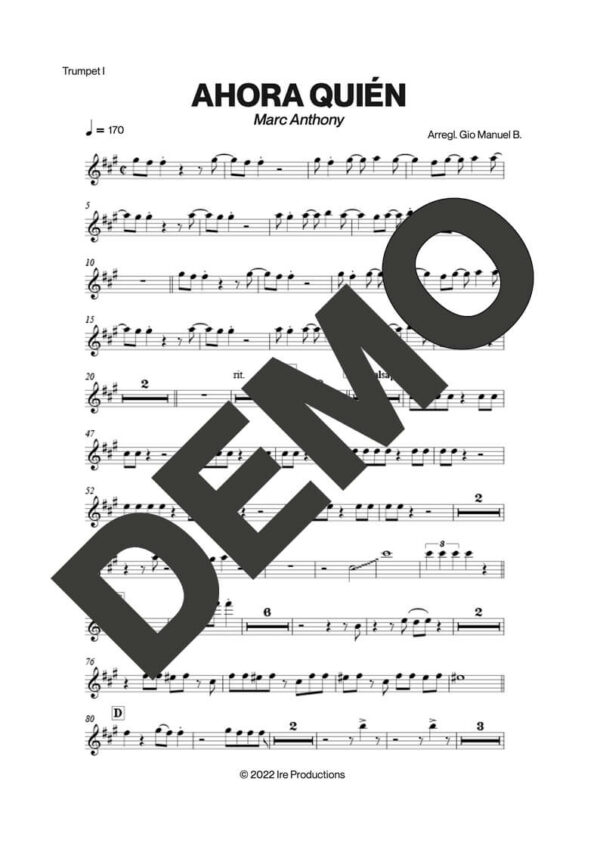 Marc Anthony – Ahora Quién – First Page of Sheet Music Preview (PDF) – Includes charts for Trumpets, Trombones, Saxophone, Piano and Bass
