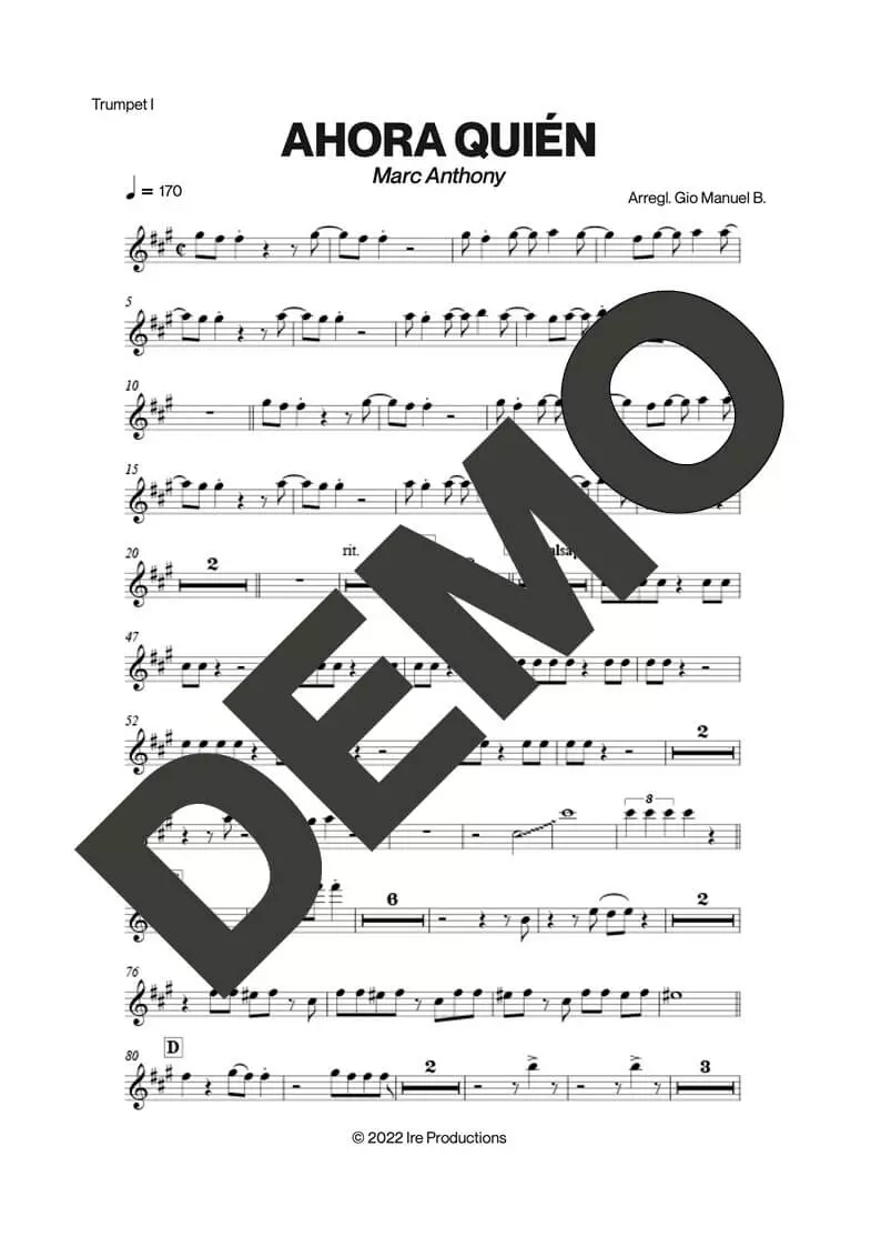 Marc Anthony – Ahora Quién – First Page of Sheet Music Preview (PDF) – Includes charts for Trumpets, Trombones, Saxophone, Piano and Bass