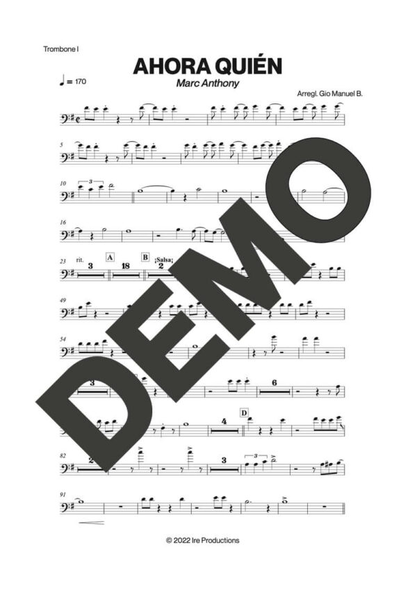 Marc Anthony – Ahora Quién – Sheet Music Demo Page 1 (PDF) – Includes charts for Trumpets, Trombones, Saxophone, Piano and Bass