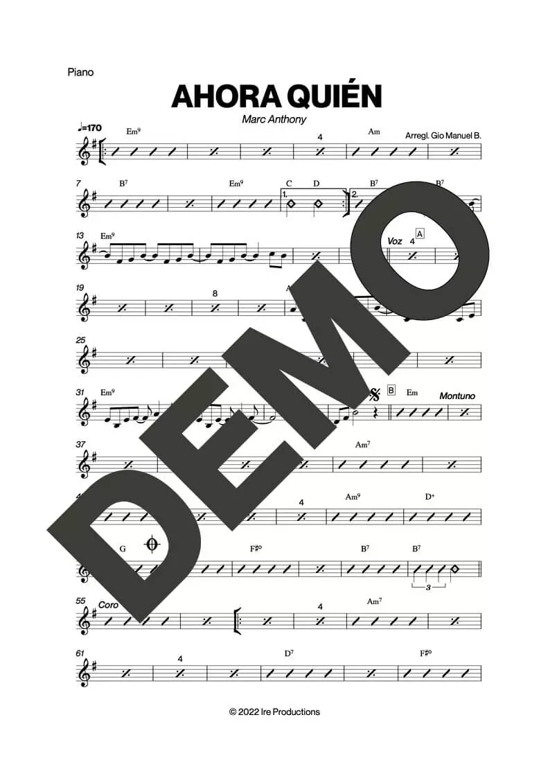 Marc Anthony – Ahora Quién – Sheet Music Demo Page 2 (PDF) – Includes charts for Trumpets, Trombones, Saxophone, Piano and Bass