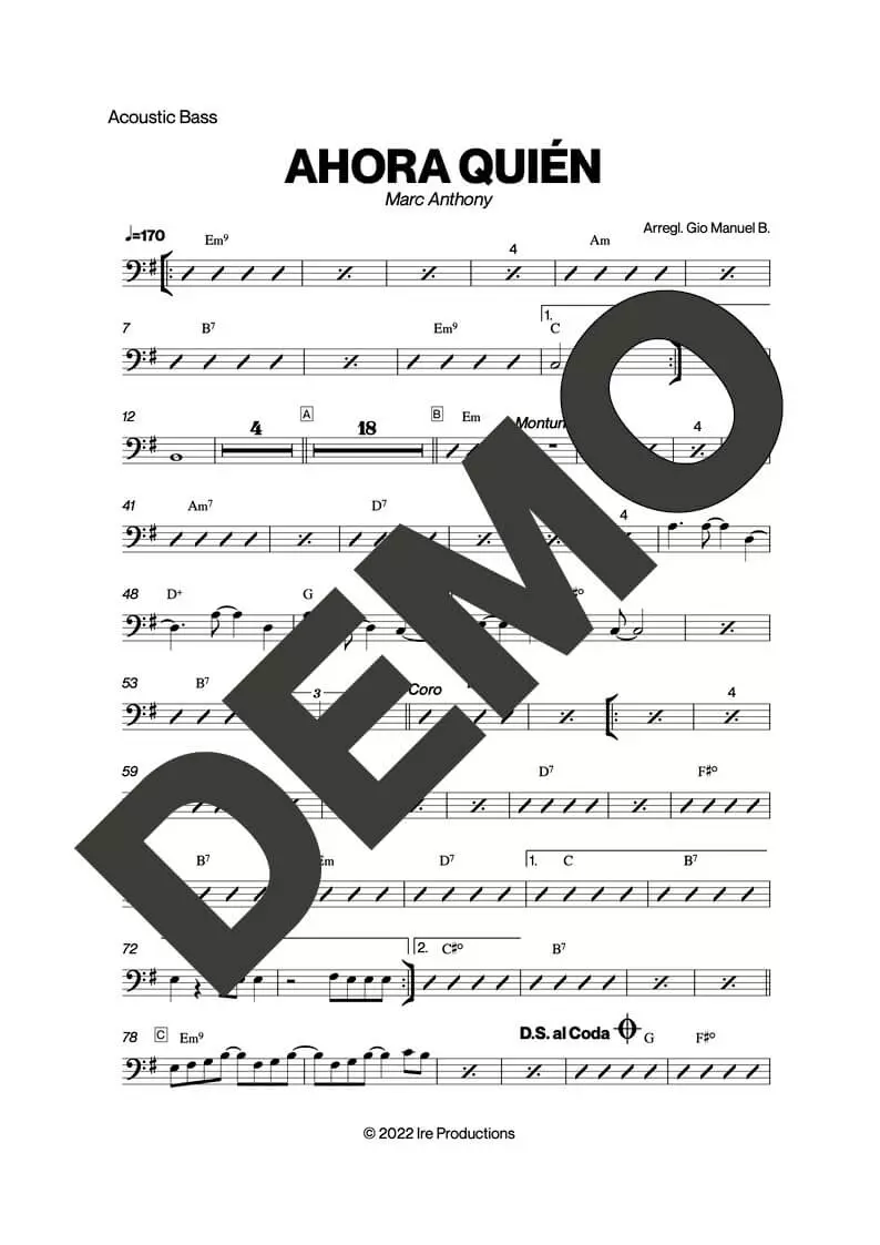Marc Anthony – Ahora Quién – Sheet Music Demo Page 3 (PDF) – Includes charts for Trumpets, Trombones, Saxophone, Piano and Bass