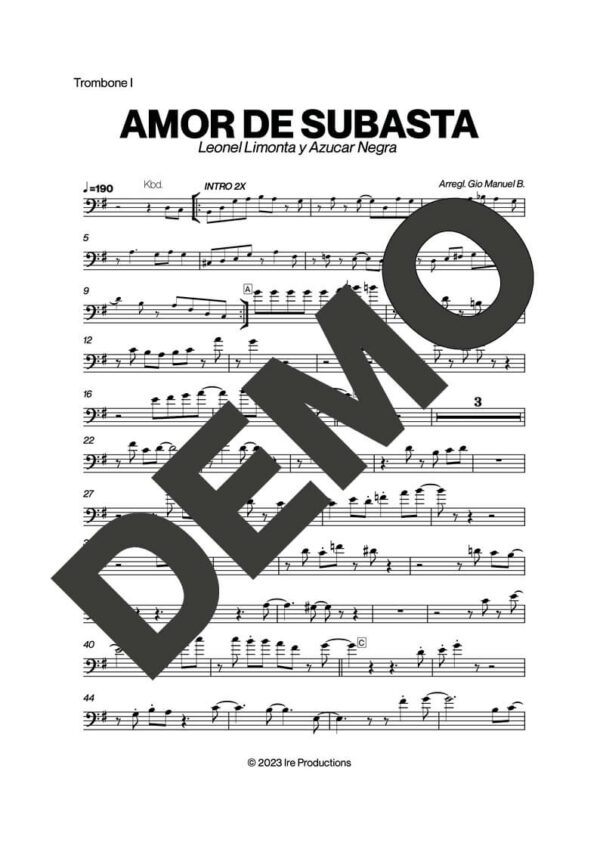 Azúcar Negra – Amor de Subasta – Sheet Music Demo Page 2 (PDF) – Includes charts for Trumpets, Trombones, Saxophone, Piano and Bass
