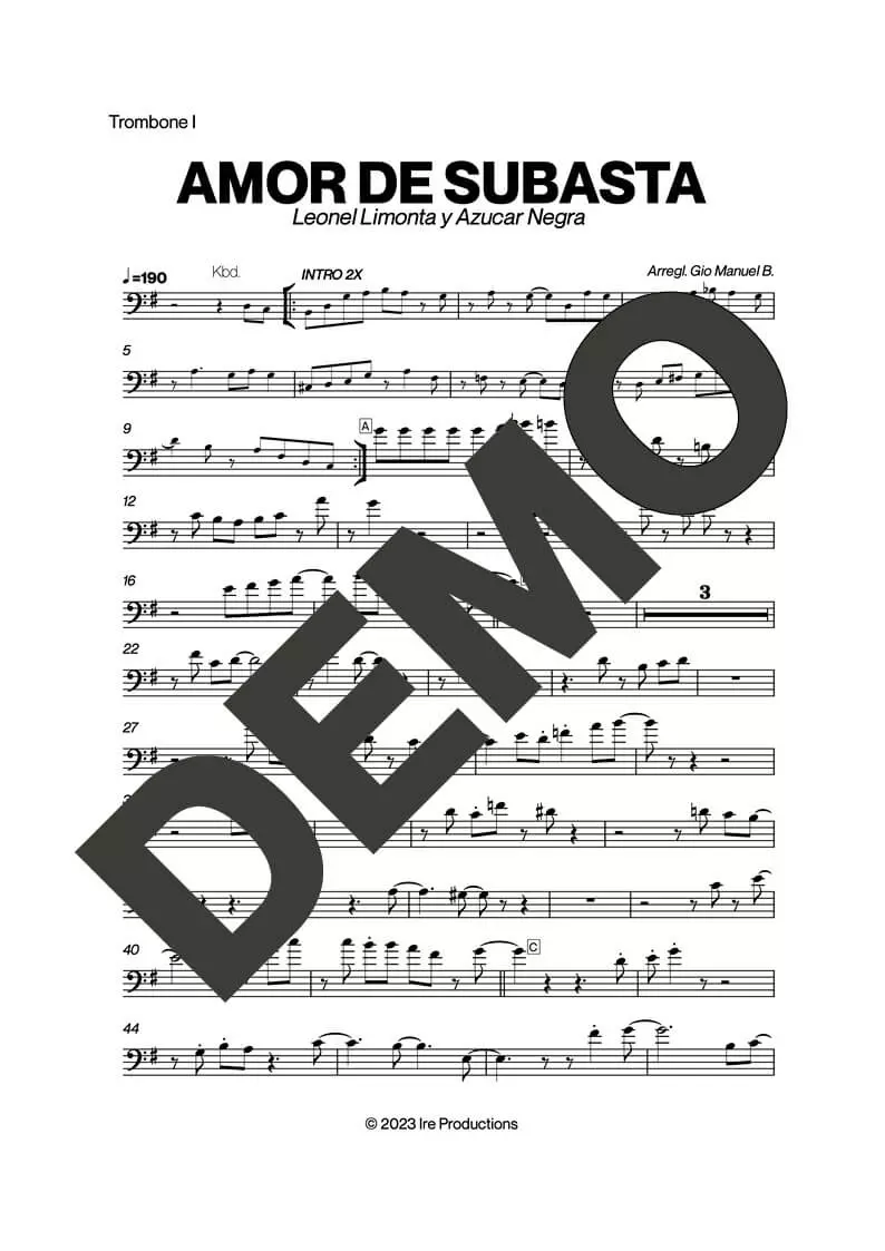 Azúcar Negra – Amor de Subasta – Sheet Music Demo Page 2 (PDF) – Includes charts for Trumpets, Trombones, Saxophone, Piano and Bass