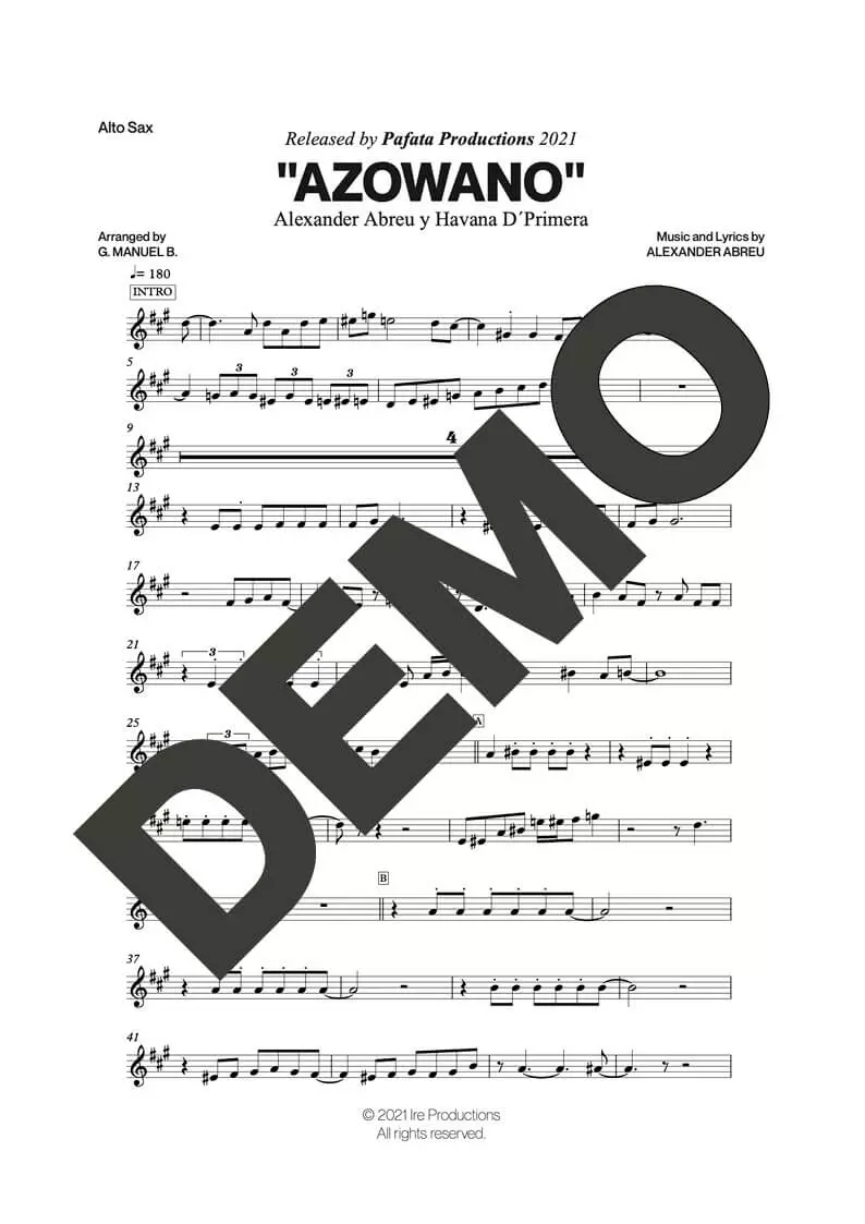 Havana D' Primera – Azowano feat. Rubén Bulnes – First Page of Sheet Music Preview (PDF) – Includes charts for Trumpets, Trombones, Saxophone, Piano and Bass