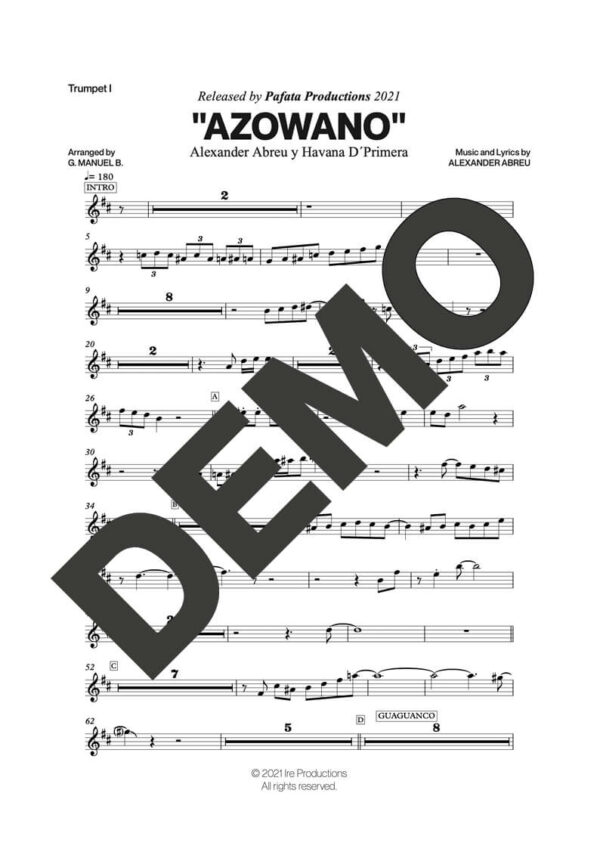 Havana D' Primera – Azowano feat. Rubén Bulnes – Sheet Music Demo Page 1 (PDF) – Includes charts for Trumpets, Trombones, Saxophone, Piano and Bass