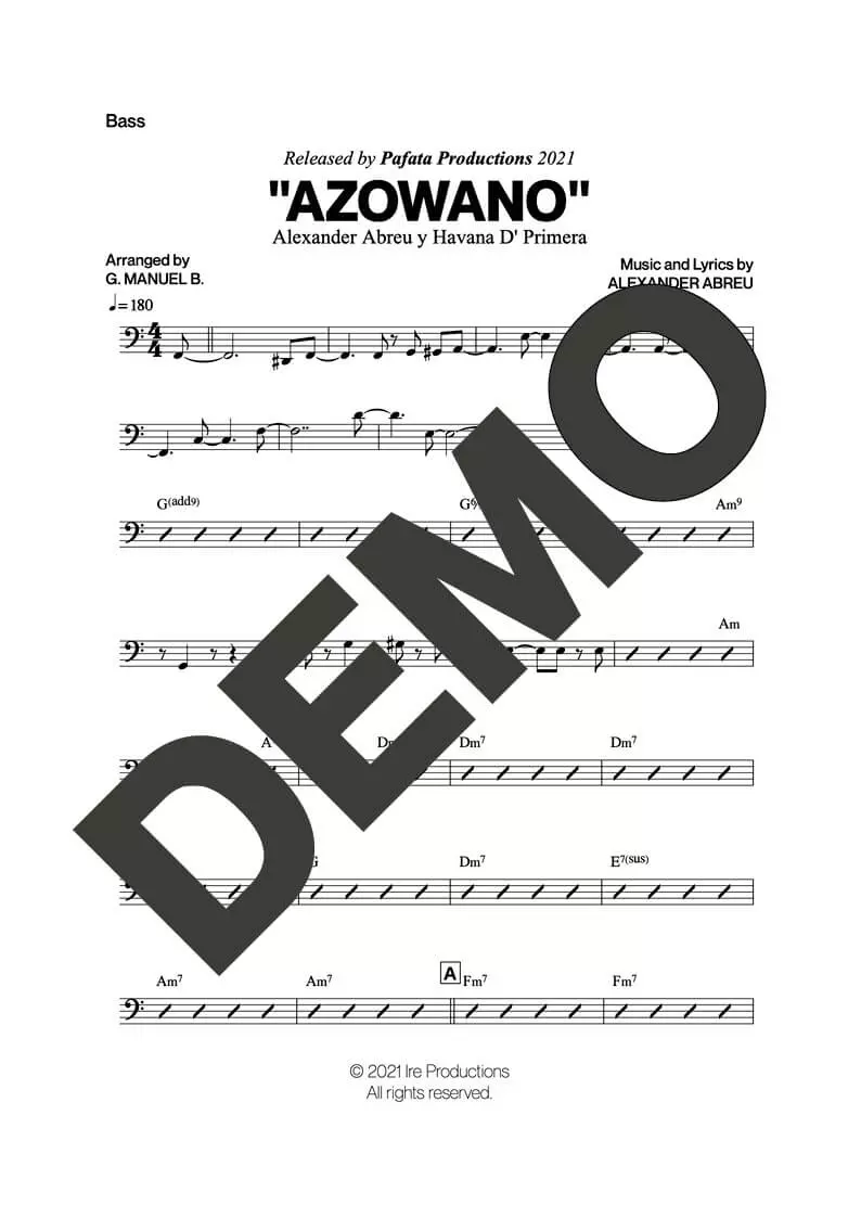 Havana D' Primera – Azowano feat. Rubén Bulnes – Sheet Music Demo Page 5 (PDF) – Includes charts for Trumpets, Trombones, Saxophone, Piano and Bass