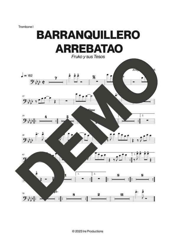 Fruko y sus Tesos – Barranquillero Arrebatao – Sheet Music Demo Page 1 (PDF) – Includes charts for Trumpets, Trombones, Saxophone, Piano and Bass