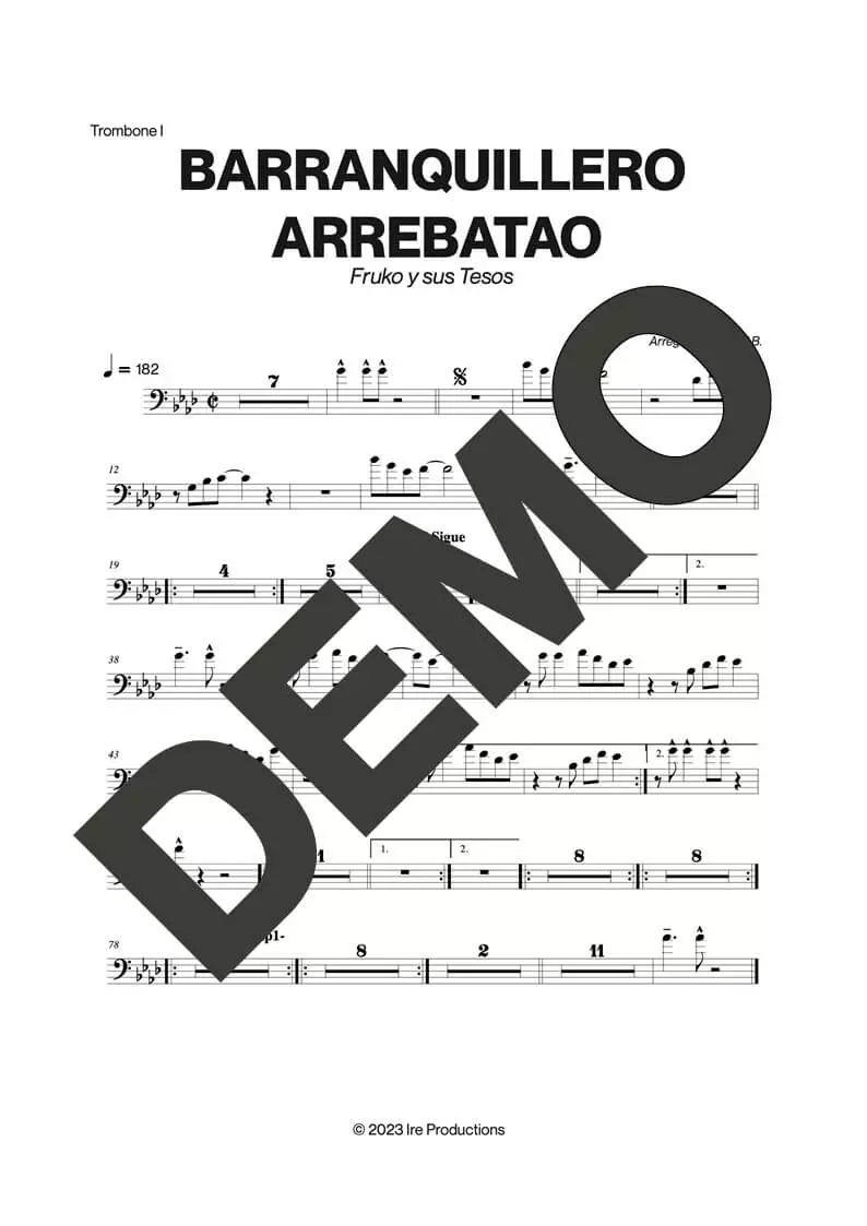 Fruko y sus Tesos – Barranquillero Arrebatao – Sheet Music Demo Page 1 (PDF) – Includes charts for Trumpets, Trombones, Saxophone, Piano and Bass