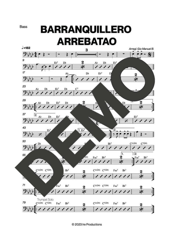 Fruko y sus Tesos – Barranquillero Arrebatao – Sheet Music Demo Page 3 (PDF) – Includes charts for Trumpets, Trombones, Saxophone, Piano and Bass
