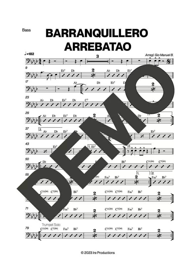 Fruko y sus Tesos – Barranquillero Arrebatao – Sheet Music Demo Page 3 (PDF) – Includes charts for Trumpets, Trombones, Saxophone, Piano and Bass