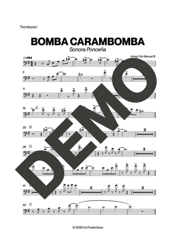 Sonora Ponceña – Bomba Carambomba – Sheet Music Demo Page 1 (PDF) – Includes charts for Trumpets, Trombones, Saxophone, Piano and Bass