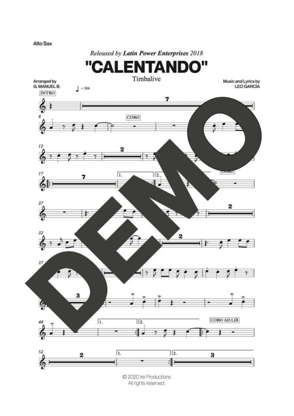 Timbalive – Calentando – First Page of Sheet Music Preview (PDF) – Includes charts for Trumpets, Trombones, Saxophone, Piano and Bass