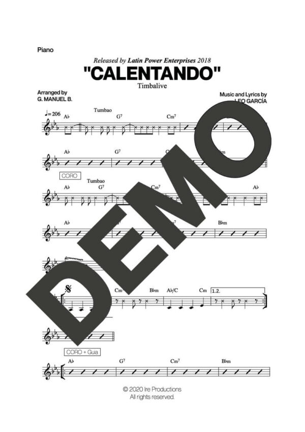 Timbalive – Calentando – Sheet Music Demo Page 3 (PDF) – Includes charts for Trumpets, Trombones, Saxophone, Piano and Bass