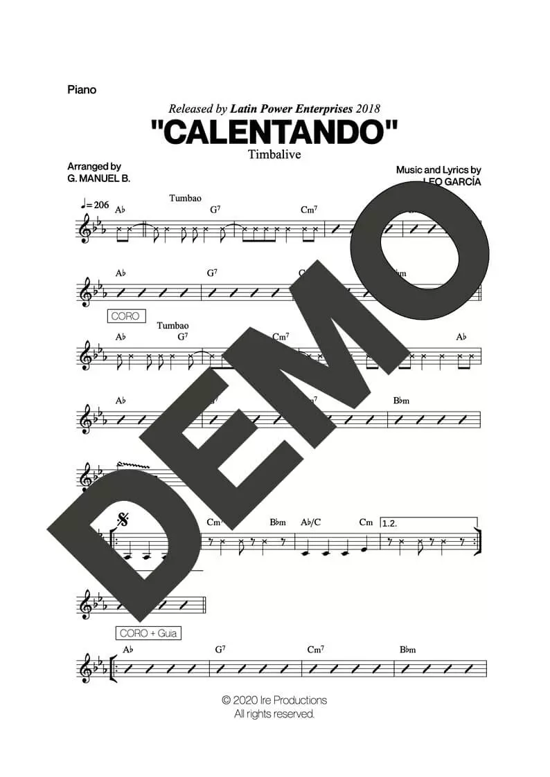 Timbalive – Calentando – Sheet Music Demo Page 3 (PDF) – Includes charts for Trumpets, Trombones, Saxophone, Piano and Bass