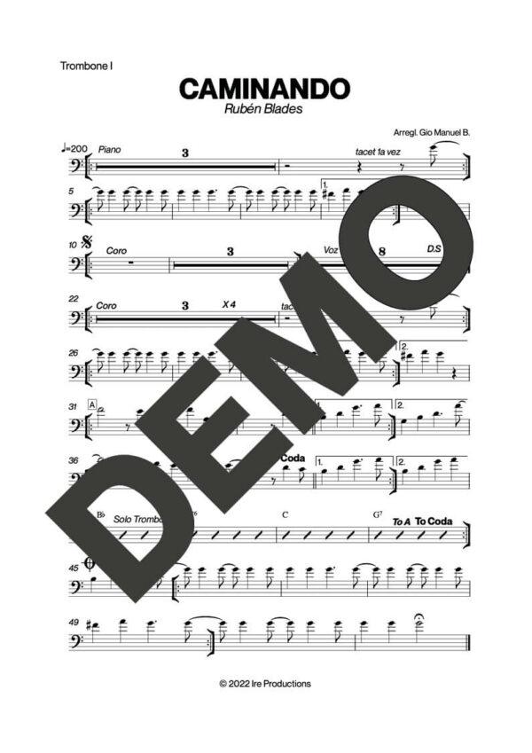 Rubén Blades – Caminando – First Page of Sheet Music Preview (PDF) – Includes charts for Trumpets, Trombones, Saxophone, Piano and Bass