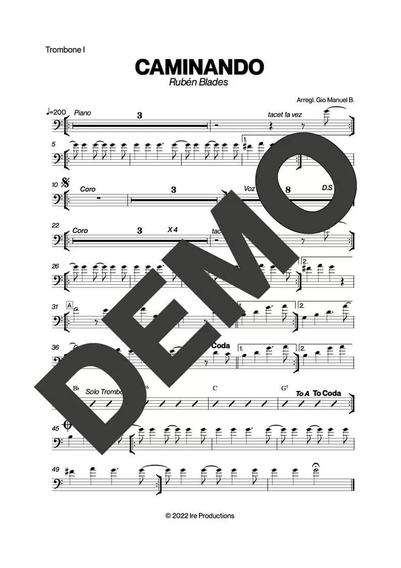 Rubén Blades – Caminando – First Page of Sheet Music Preview (PDF) – Includes charts for Trumpets, Trombones, Saxophone, Piano and Bass