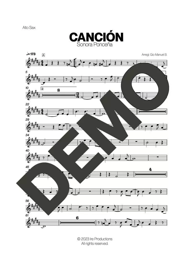 Sonora Ponceña – Canción – First Page of Sheet Music Preview (PDF) – Includes charts for Trumpets, Trombones, Saxophone, Piano and Bass